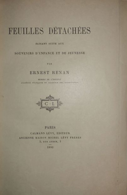 RENAN Ernest. Souvenirs of childhood and...