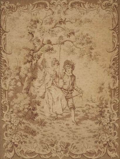 Gallant scenes.

Pair of framed tapestries.

(Stains.)

Top....