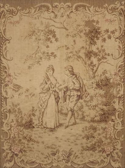 Gallant scenes.

Pair of framed tapestries.

(Stains.)

Top....