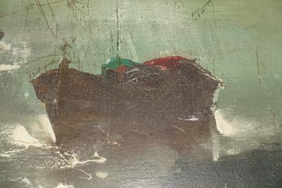 Boats at sea.

Oil on canvas, with a signature...