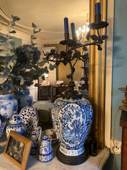 Pair of earthenware vases with blue-white...