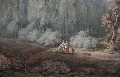 Entourage de Moreau l'Aîné. 

Paysage animé.

Gouache.

Haut....