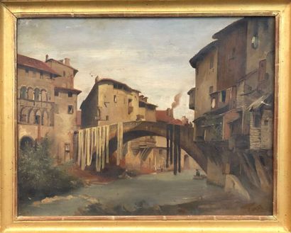 River running through a village.

Oil on...