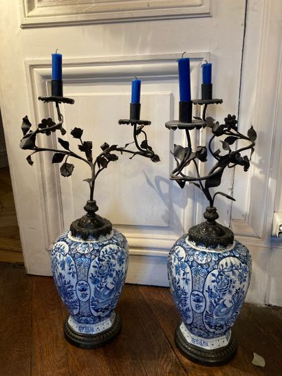 Pair of earthenware vases with blue-white...