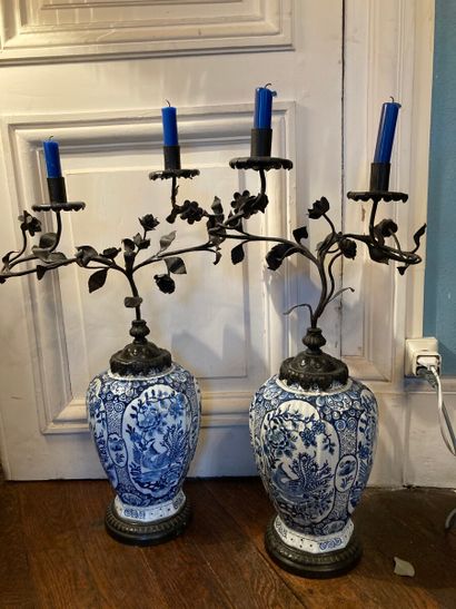 Pair of earthenware vases with blue-white...
