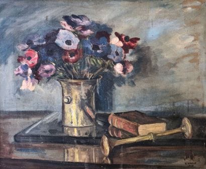 R AOULP.

Still life with a vase of flowers...