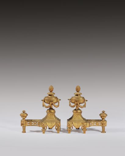 Pair of ormolu bronze andirons decorated...
