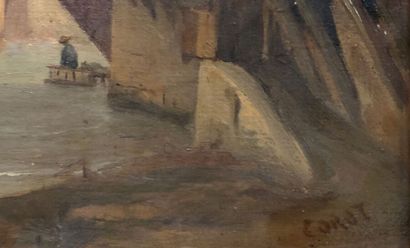 River running through a village.

Oil on...