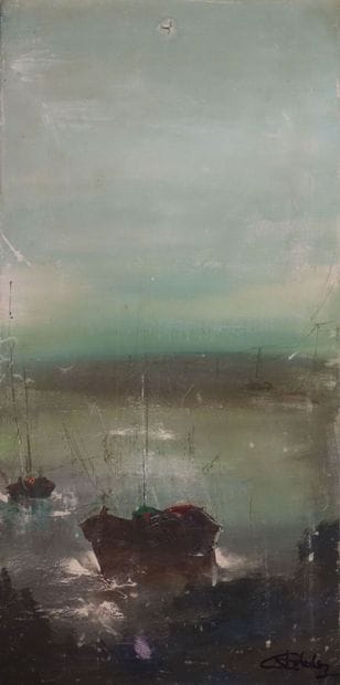 Boats at sea.

Oil on canvas, with a signature...