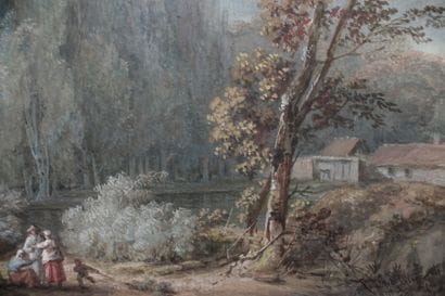 Entourage de Moreau l'Aîné. 

Paysage animé.

Gouache.

Haut....