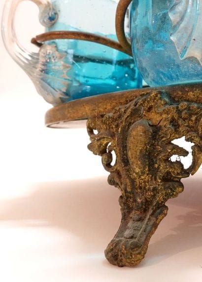 Small liquor set in blue tinted glass including...