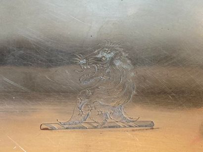 Lined metal tray with a gadrooned edge, decorated...