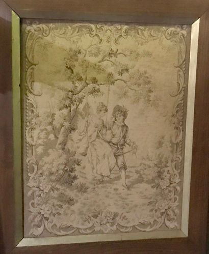 Gallant scenes.

Pair of framed tapestries.

(Stains.)

Top....