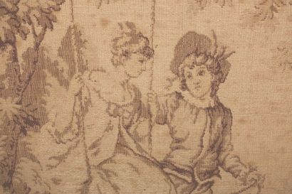 Gallant scenes.

Pair of framed tapestries.

(Stains.)

Top....