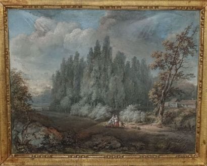 Entourage de Moreau l'Aîné. 

Paysage animé.

Gouache.

Haut....