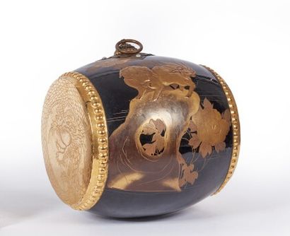 Lacquer drum decorated with flowers and chimeras.

High....