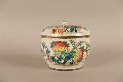 Covered porcelain pot with polychrome decoration...