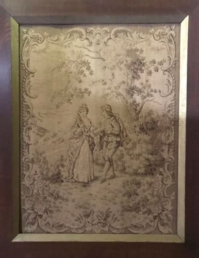 Gallant scenes.

Pair of framed tapestries.

(Stains.)

Top....