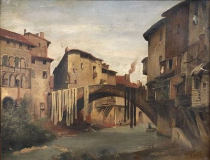 River running through a village.

Oil on...