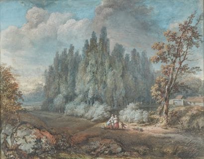 Entourage de Moreau l'Aîné. 

Paysage animé.

Gouache.

Haut....