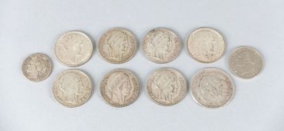 Sept pièces de 20 Francs (1933, 1934, 1938),...