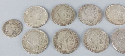 Sept pièces de 20 Francs (1933, 1934, 1938),...