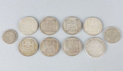 Sept pièces de 20 Francs (1933, 1934, 1938),...