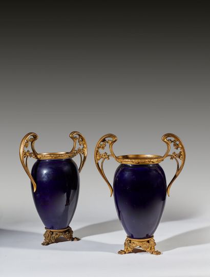 Paire de vases ovoïdes en porcelaine bleu...