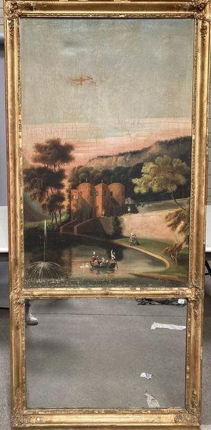 Trumeau à miroir en bois et stuc doré orné...