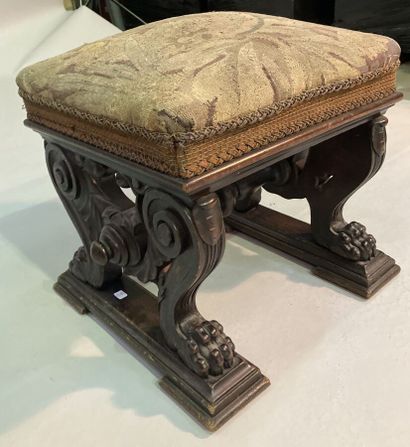 Stool in stained oak, the base in hock with...