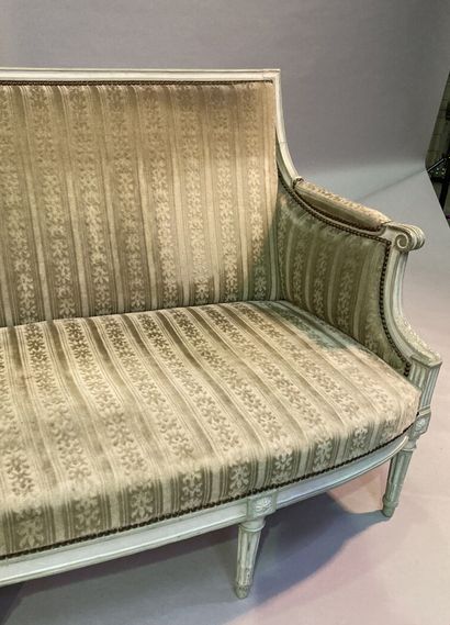 Molded and painted beech sofa with flat back...