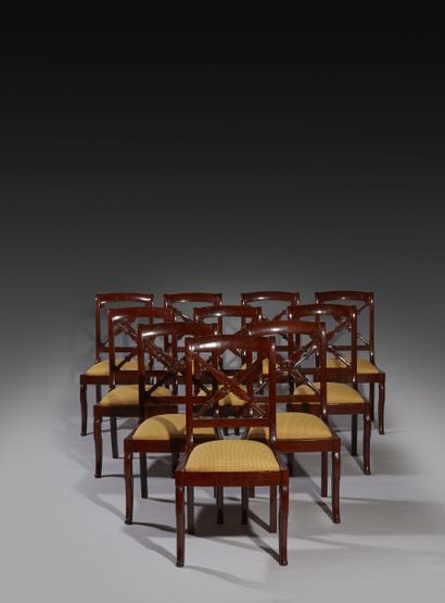 Suite of ten mahogany chairs with cross-braced...