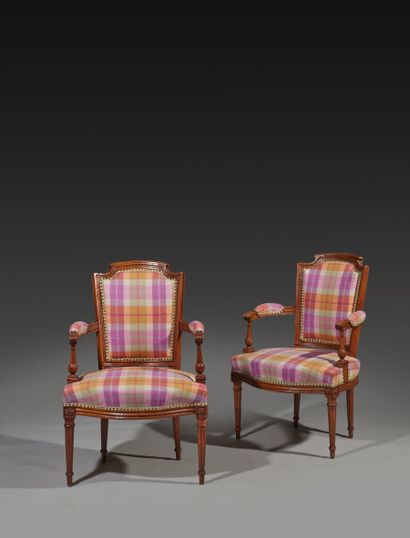 Pair of molded beechwood armchairs with cabriolet...