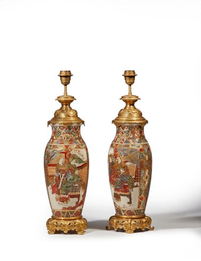 Pair of Satsuma porcelain vases, gilt bronze...