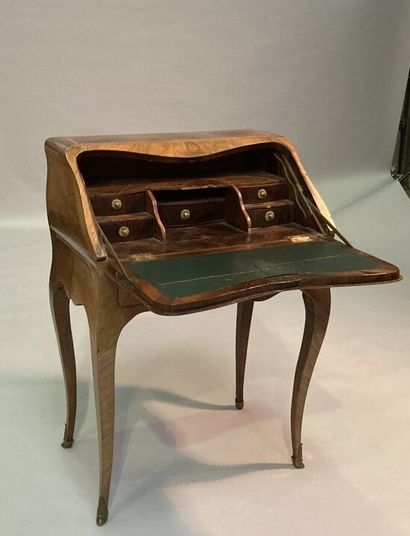 Walnut veneered sloping desk opening with...