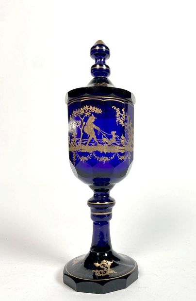 BOHÊME
Large covered cup on blue glass pedestal...