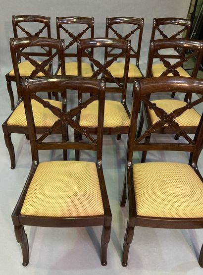 Suite of ten mahogany chairs with cross-braced...