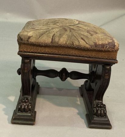 Stool in stained oak, the base in hock with...