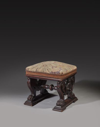 Stool in stained oak, the base in hock with...