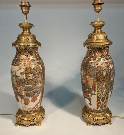 Pair of Satsuma porcelain vases, gilt bronze...