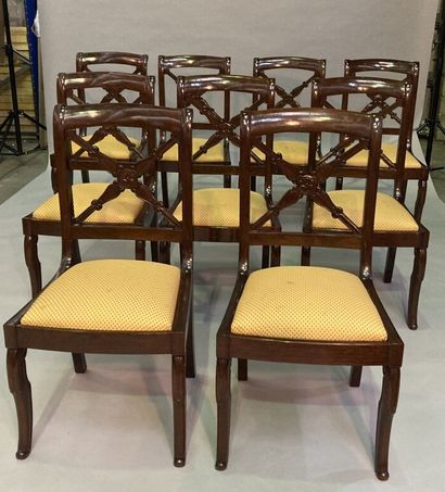 Suite of ten mahogany chairs with cross-braced...