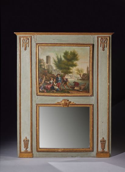 Trumeau in green lacquered wood and gilded...