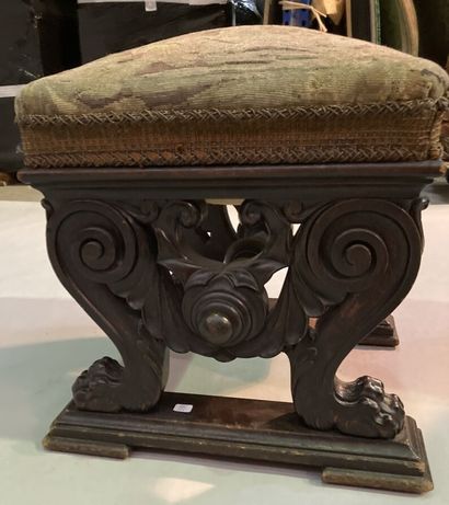 Stool in stained oak, the base in hock with...
