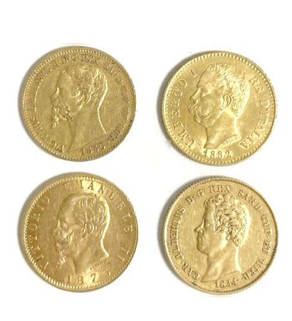 Quatre pièces de 20 Lires 1882, 1884, 1873...