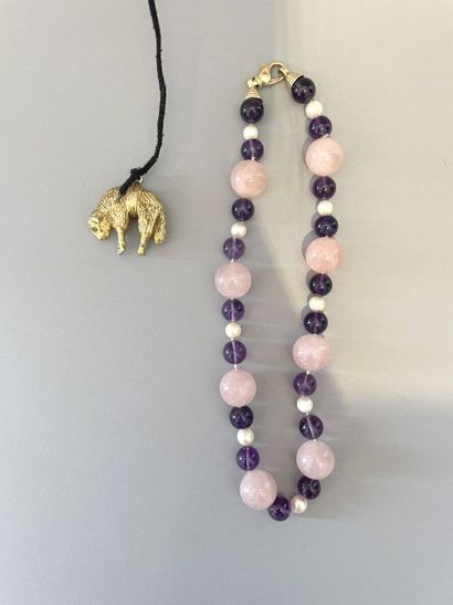 Collier de boules d'améthystes, quartz rose...