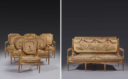 Suite of six armchairs and one sofa in gilded...