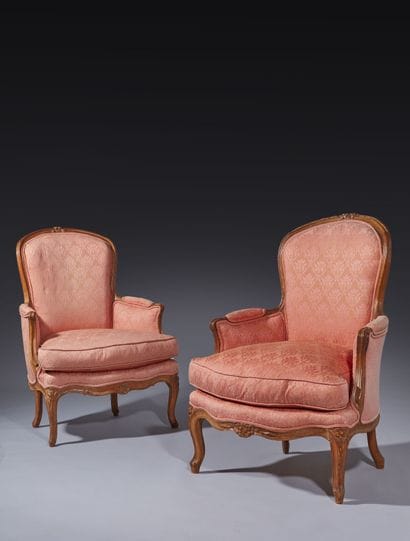 Pair of molded and carved beech bergères,...