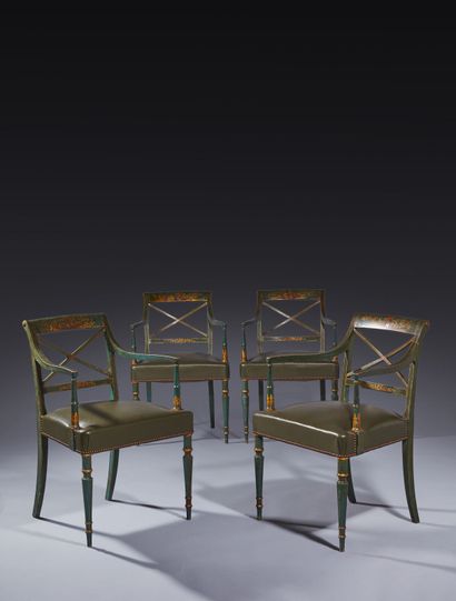 Suite de quatre fauteuils en vernis européen...