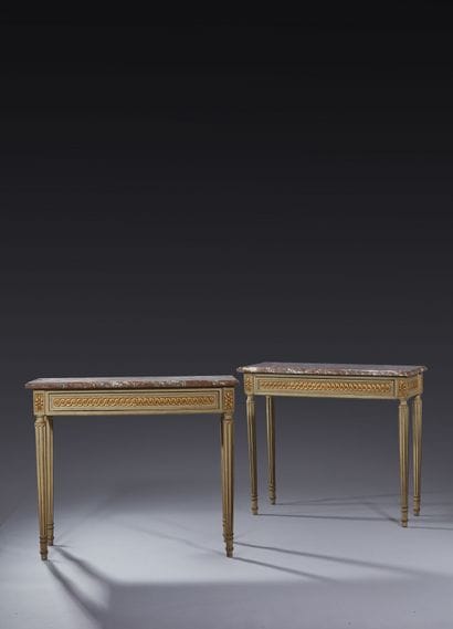 Pair of rectangular painted and gilded wood...