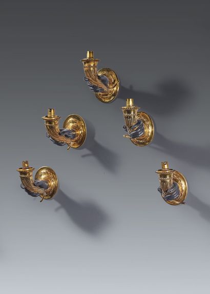 Suite of five one-arm sconces in bronze and...